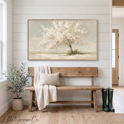 White Blossom Tree Frame TV Art displayed on a TV