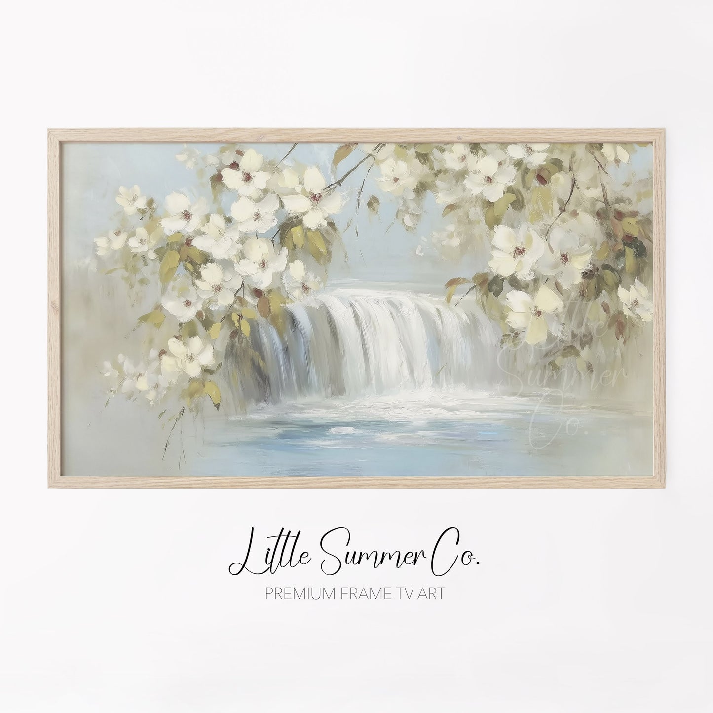 White Blossom Waterfall Frame TV Art displayed on a TV