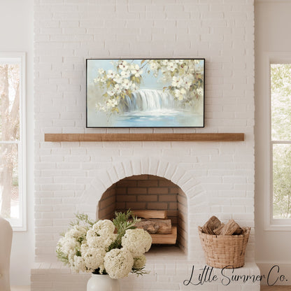 White Blossom Waterfall Frame TV Art displayed on a TV