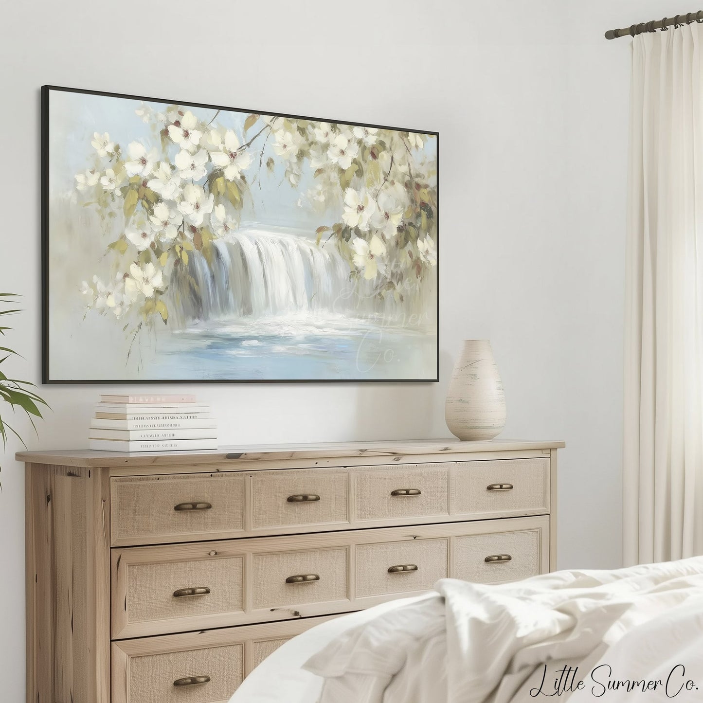 White Blossom Waterfall Frame TV Art displayed on a TV