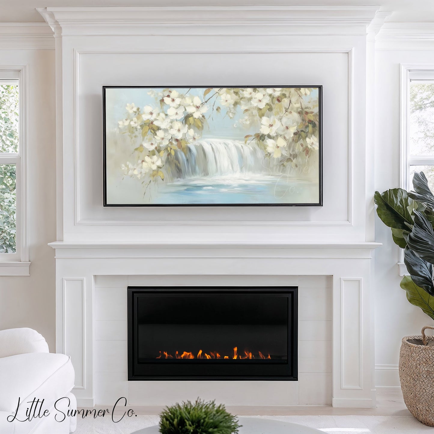 White Blossom Waterfall Frame TV Art displayed on a TV