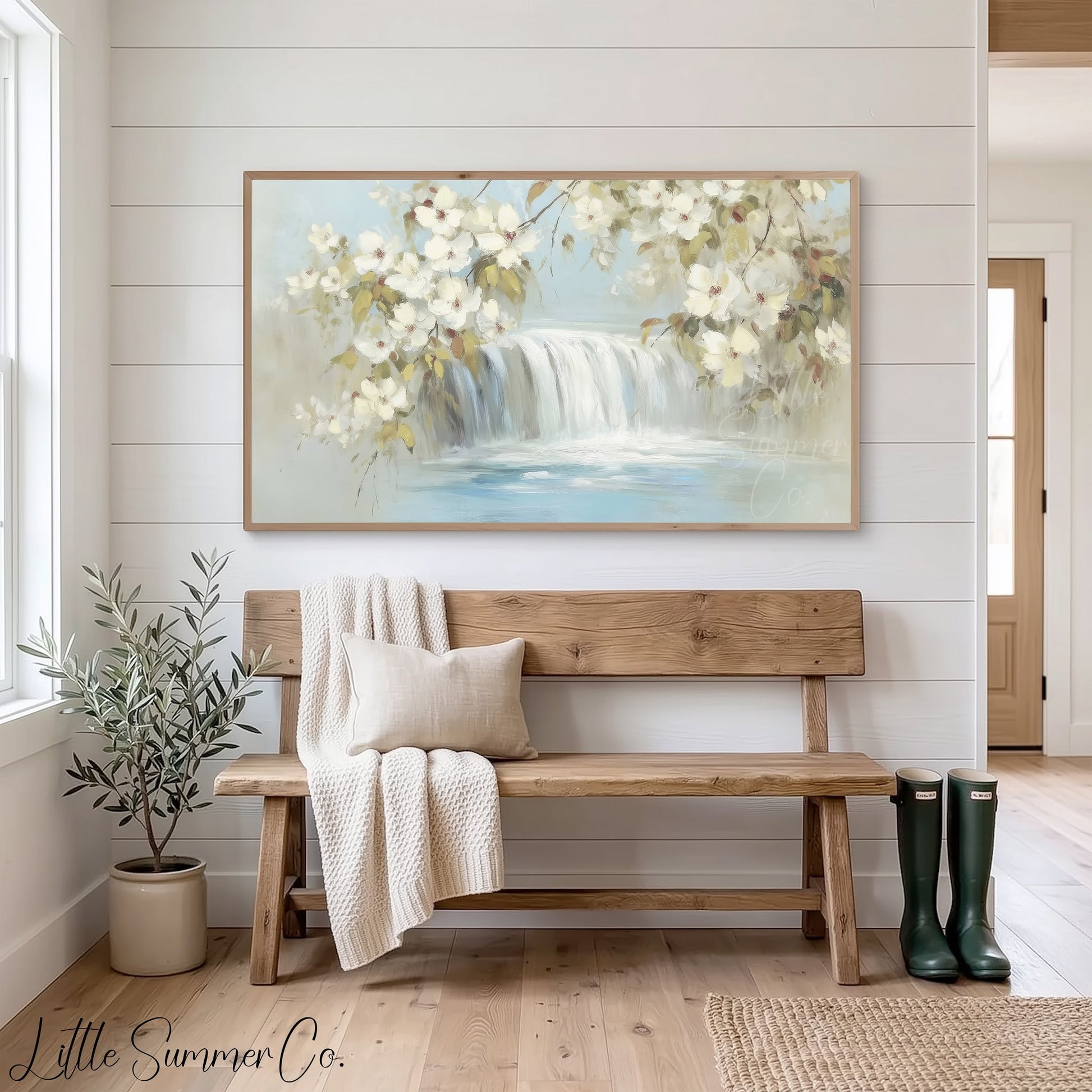 White Blossom Waterfall Frame TV Art displayed on a TV