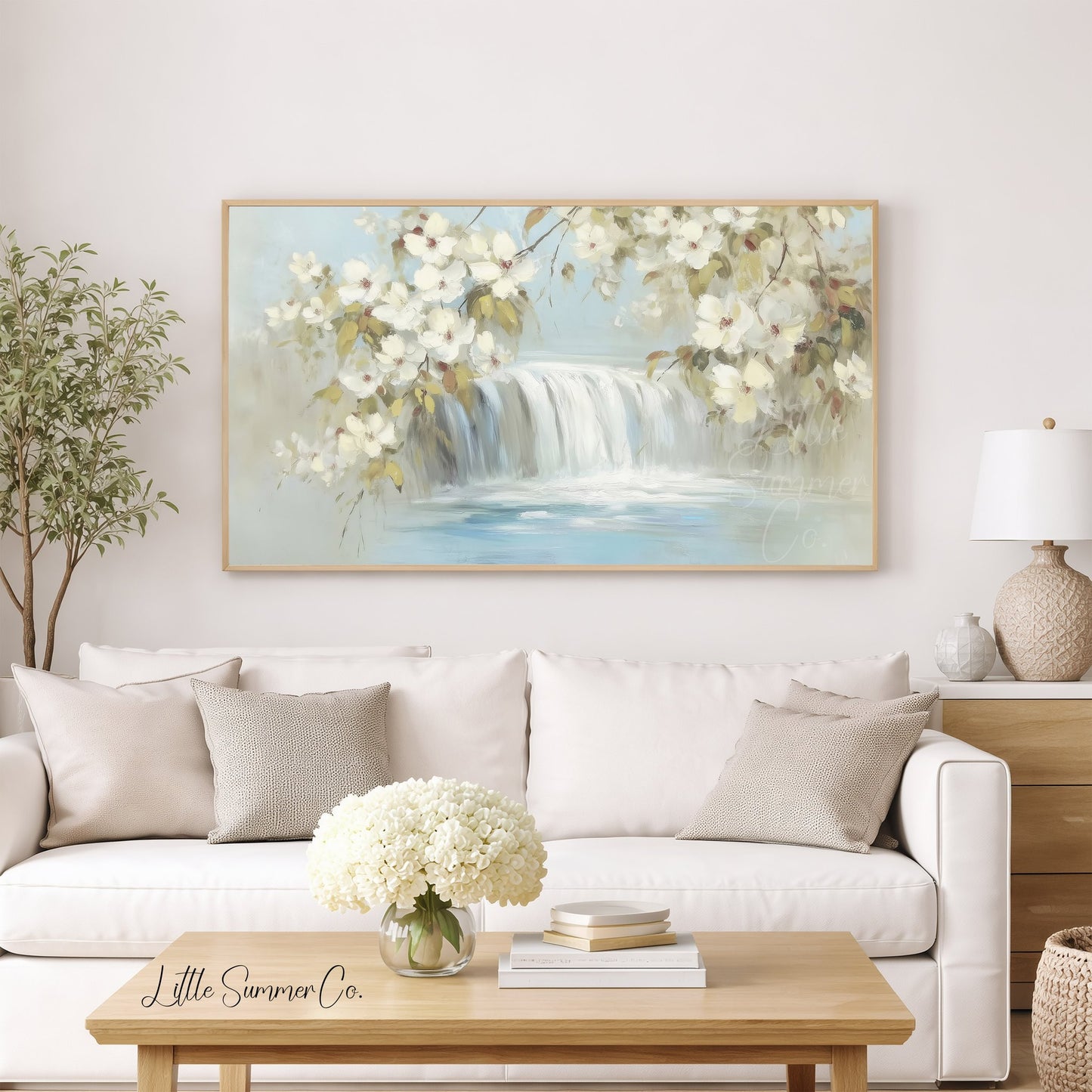 White Blossom Waterfall Frame TV Art displayed on a TV
