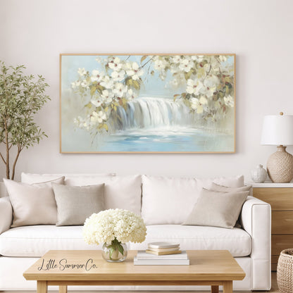 White Blossom Waterfall Frame TV Art displayed on a TV
