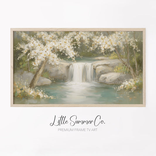 Blossom Waterfall Scene Frame TV Art displayed on a TV