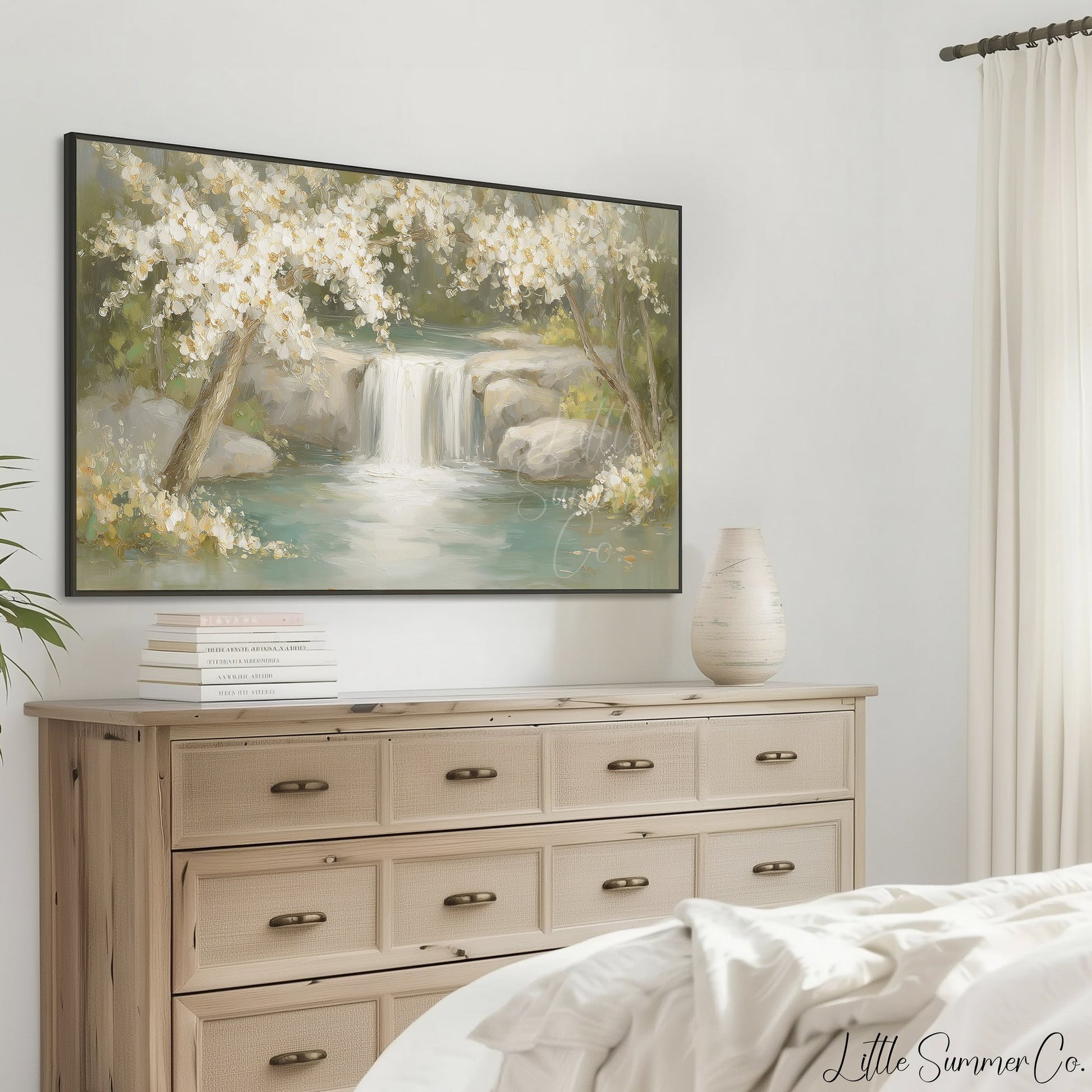 Blossom Waterfall Scene Frame TV Art displayed on a TV