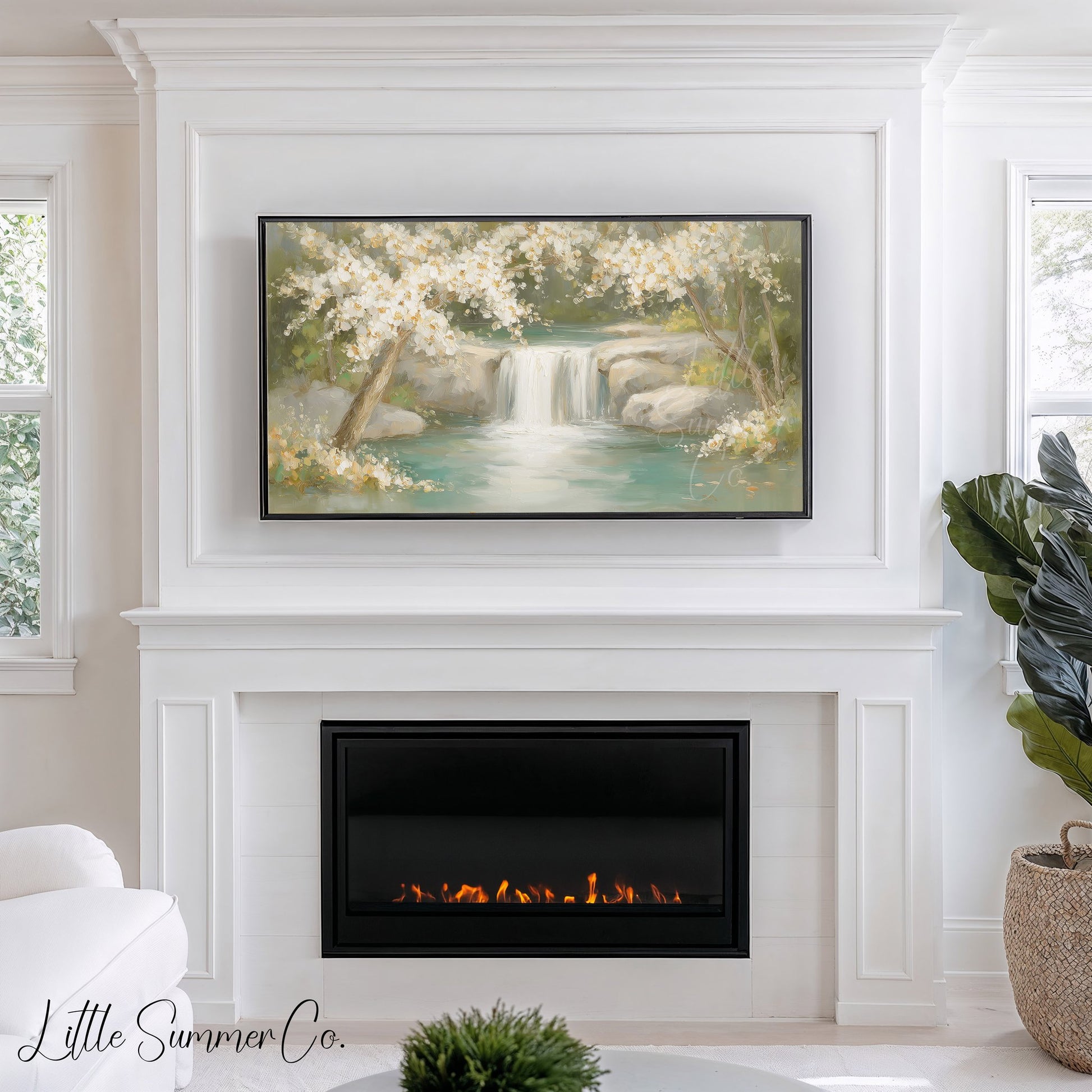 Blossom Waterfall Scene Frame TV Art displayed on a TV