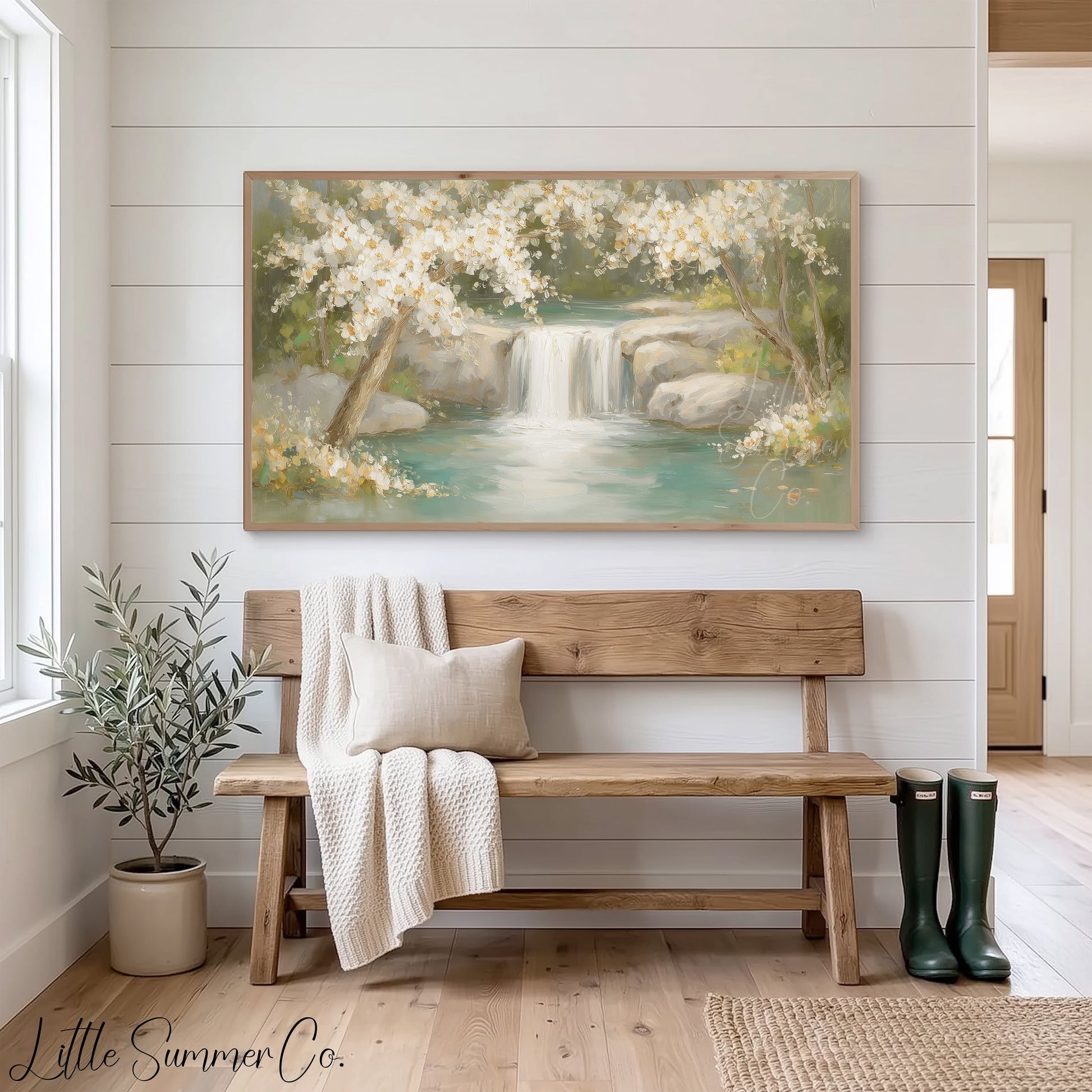 Blossom Waterfall Scene Frame TV Art displayed on a TV