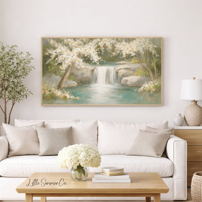 Blossom Waterfall Scene Frame TV Art displayed on a TV