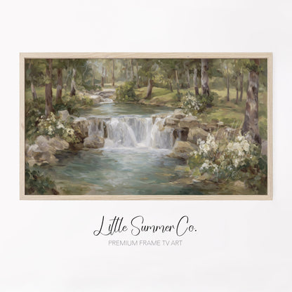 Woodland Stream Waterfall Frame TV Art displayed on a TV