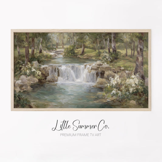 Woodland Stream Waterfall Frame TV Art displayed on a TV