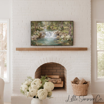 Woodland Stream Waterfall Frame TV Art displayed on a TV
