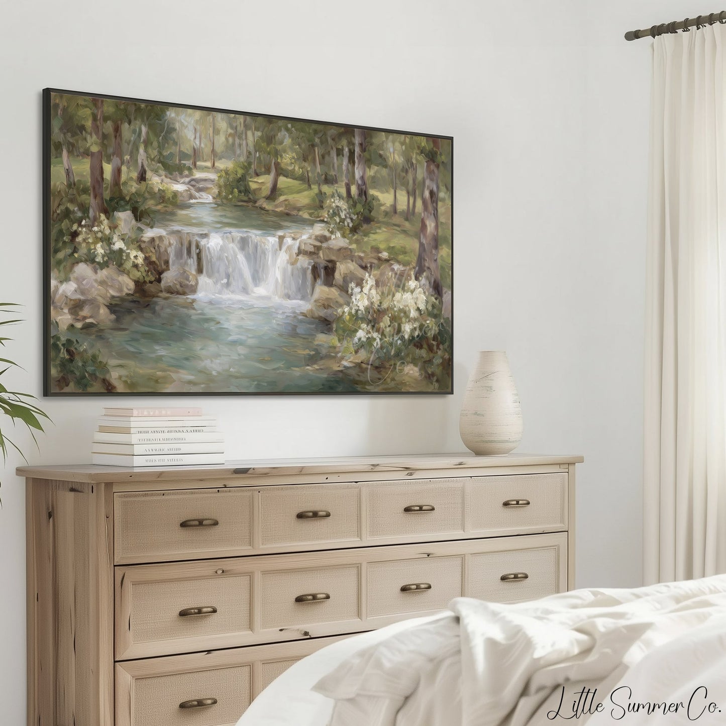 Woodland Stream Waterfall Frame TV Art displayed on a TV