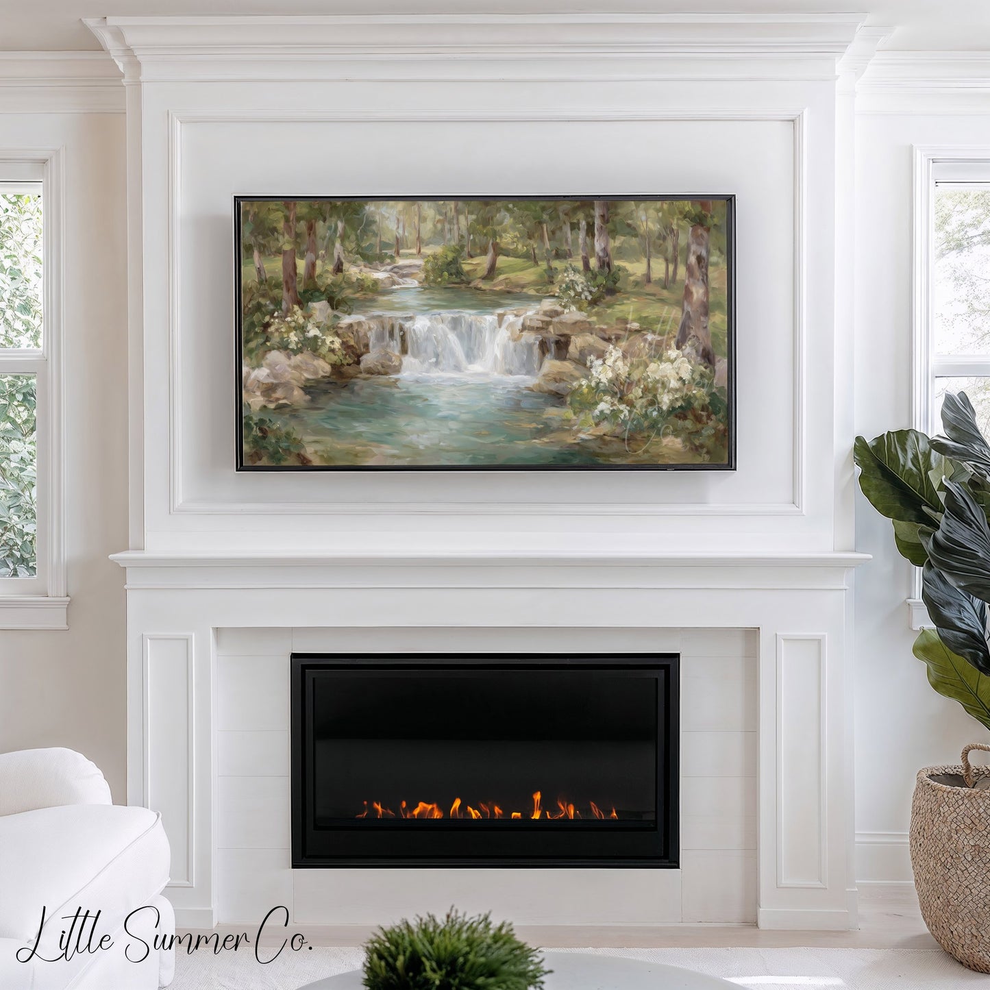 Woodland Stream Waterfall Frame TV Art displayed on a TV