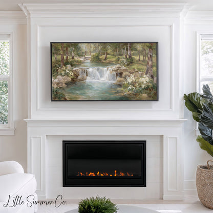 Woodland Stream Waterfall Frame TV Art displayed on a TV