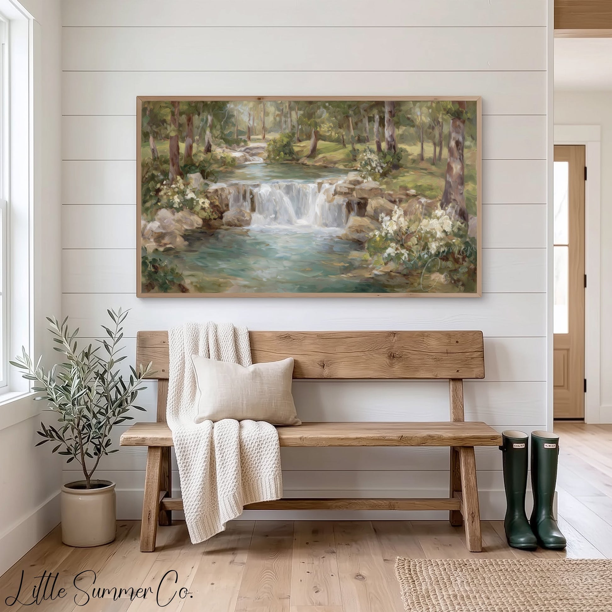 Woodland Stream Waterfall Frame TV Art displayed on a TV