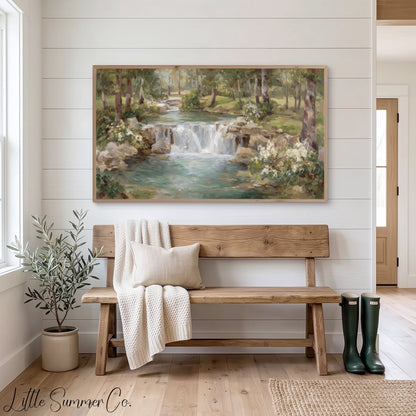Woodland Stream Waterfall Frame TV Art displayed on a TV