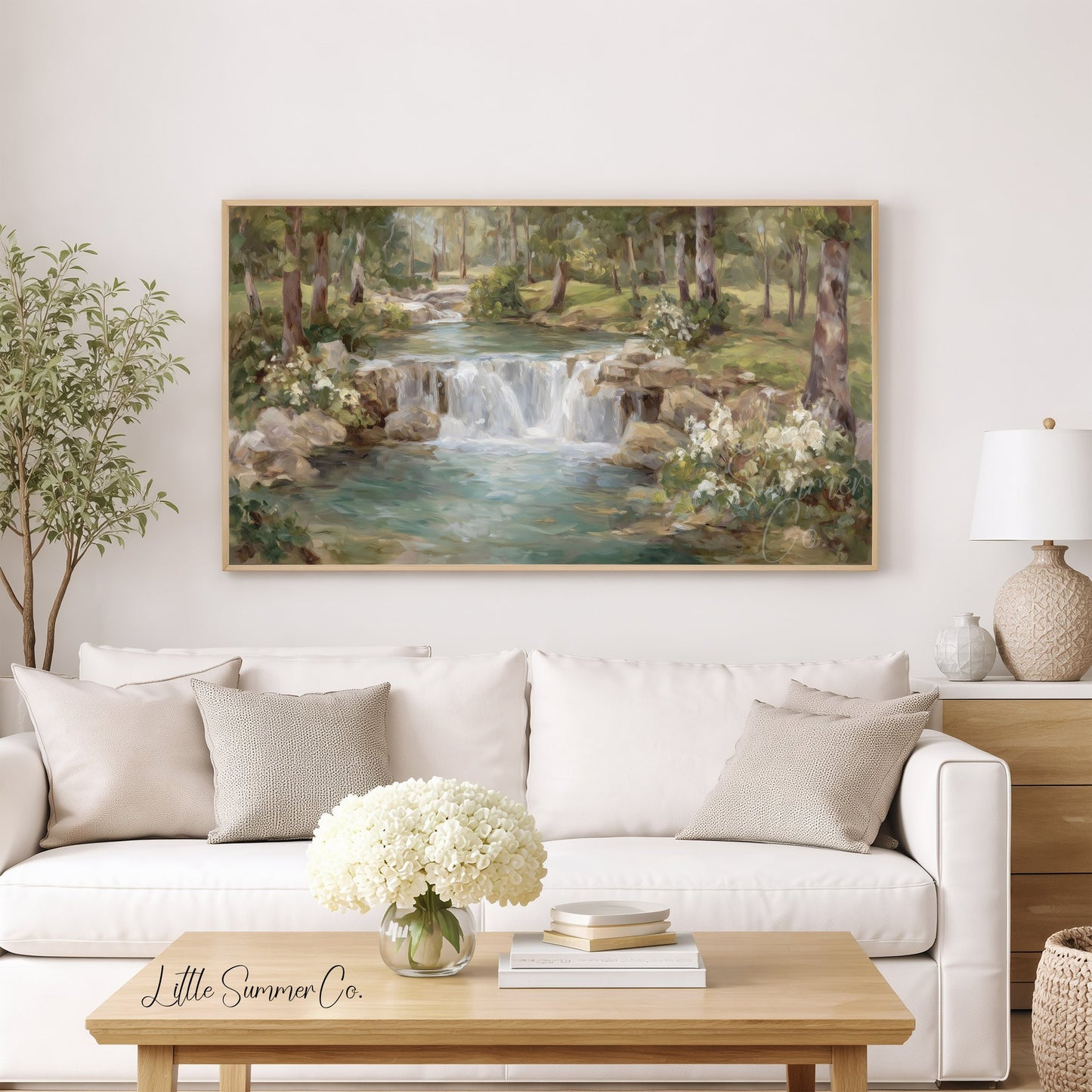 Woodland Stream Waterfall Frame TV Art displayed on a TV