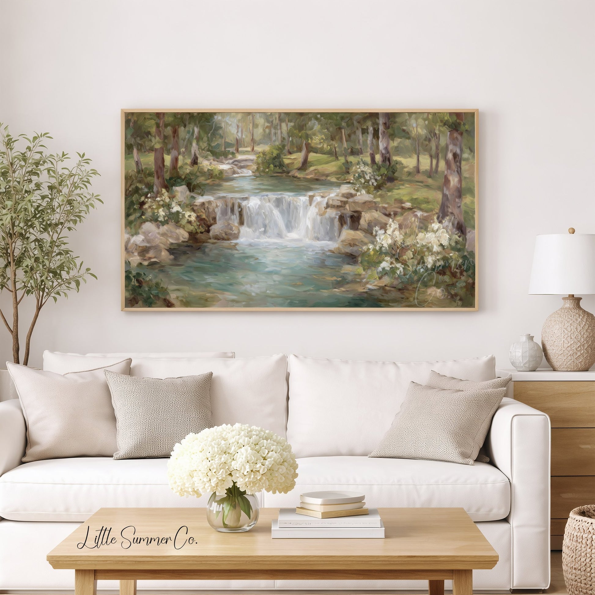 Woodland Stream Waterfall Frame TV Art displayed on a TV