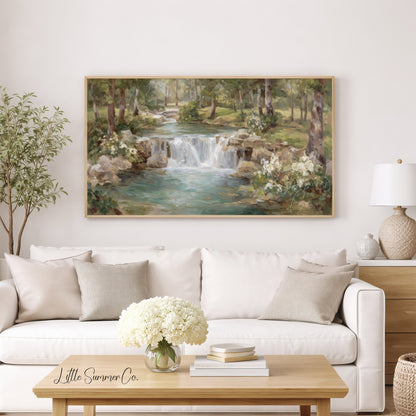 Woodland Stream Waterfall Frame TV Art displayed on a TV