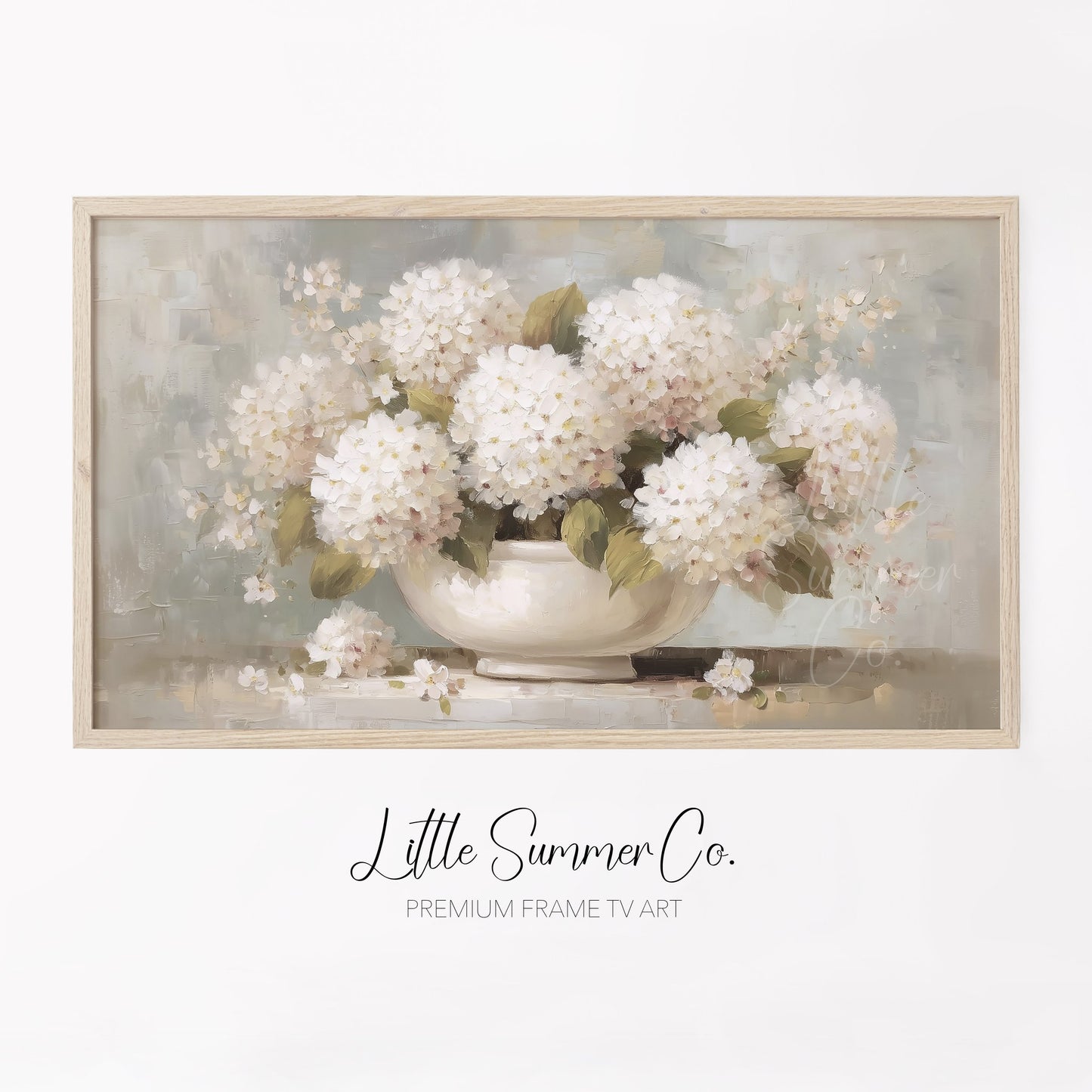 White Hydrangeas in Vase Frame TV Art displayed on a TV
