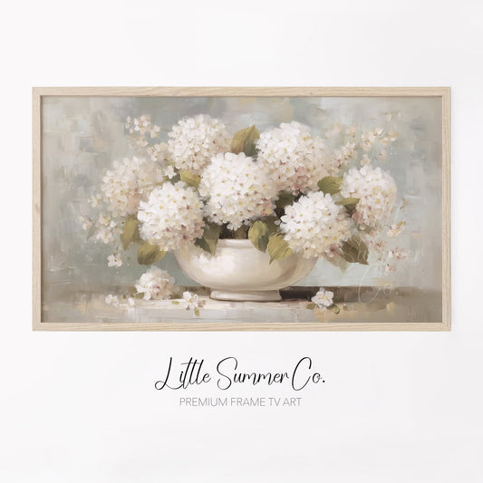 White Hydrangeas in Vase Frame TV Art displayed on a TV