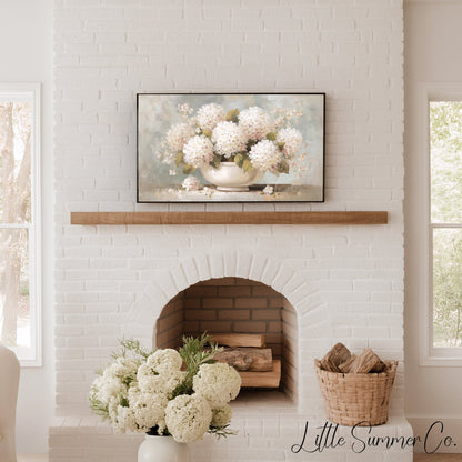 White Hydrangeas in Vase Frame TV Art displayed on a TV