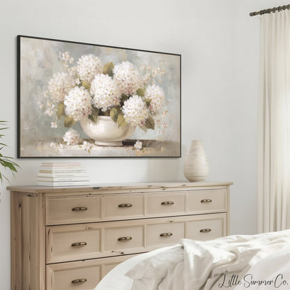 White Hydrangeas in Vase Frame TV Art displayed on a TV