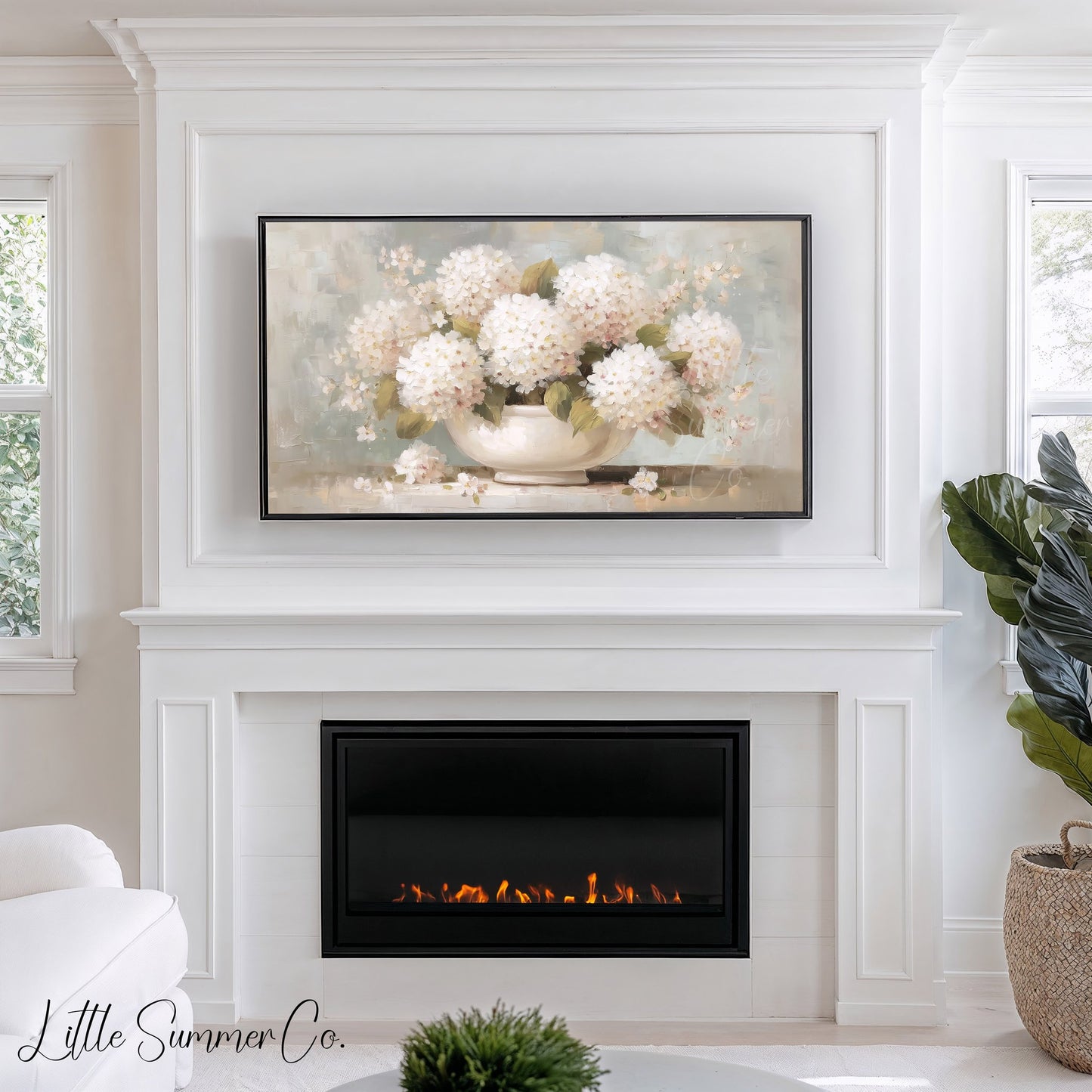 White Hydrangeas in Vase Frame TV Art displayed on a TV