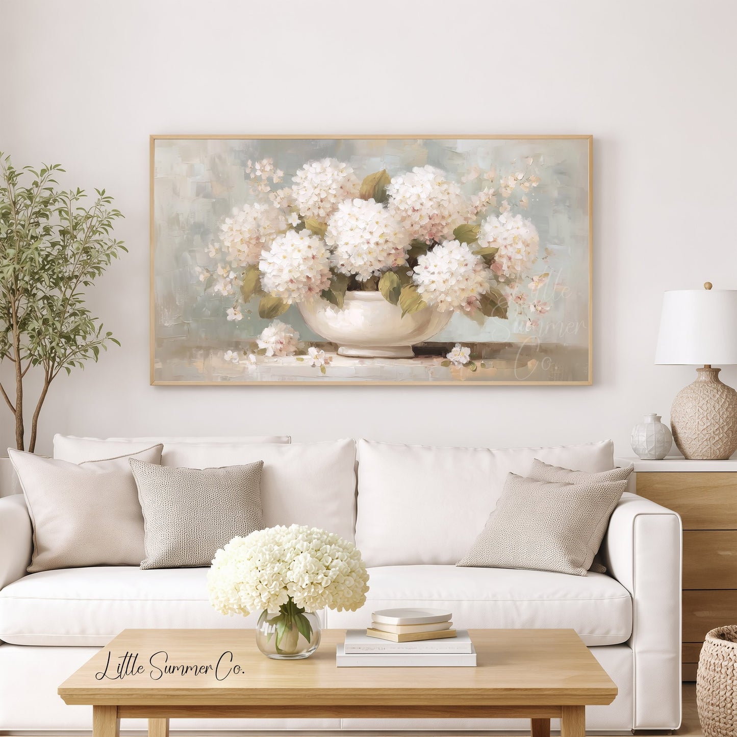 White Hydrangeas in Vase Frame TV Art displayed on a TV