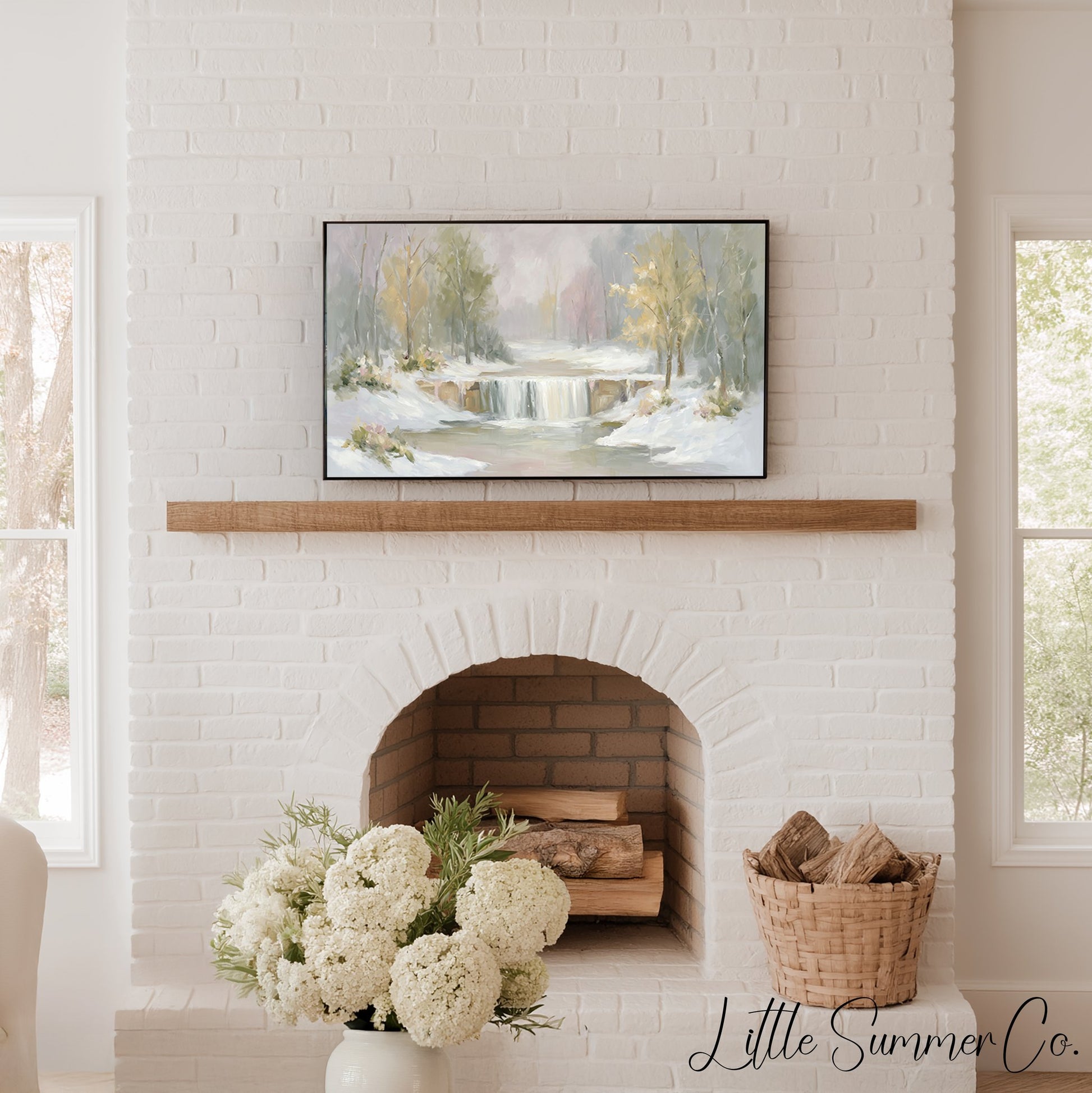 Snowy Waterfall Forest Frame TV Art displayed on a TV