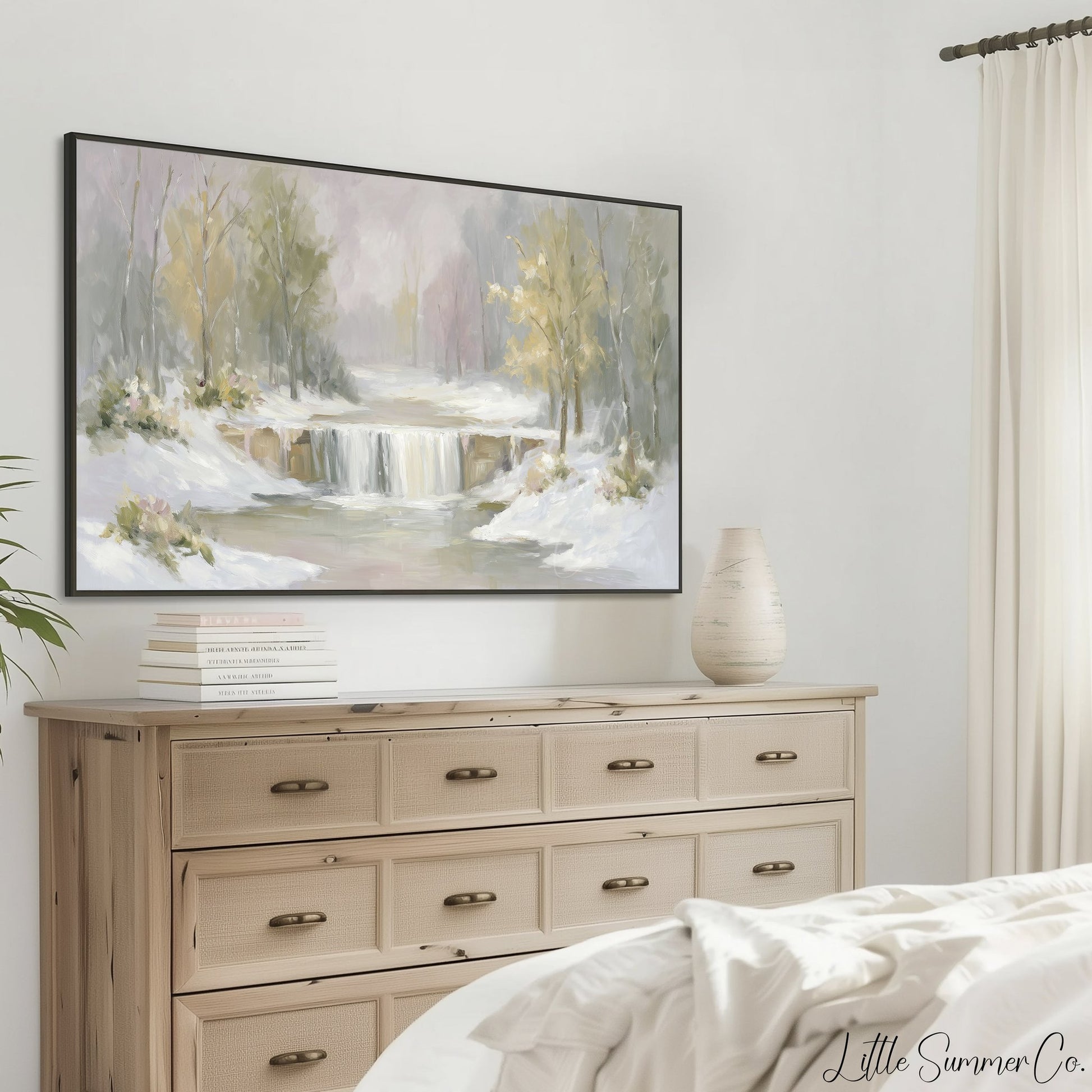 Snowy Waterfall Forest Frame TV Art displayed on a TV