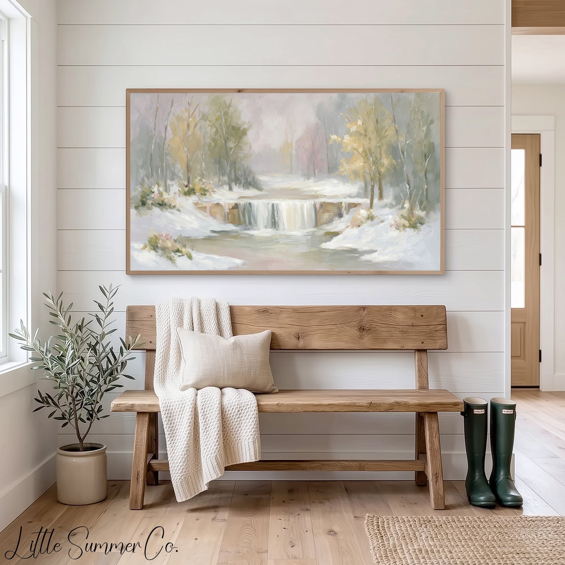 Snowy Waterfall Forest Frame TV Art displayed on a TV