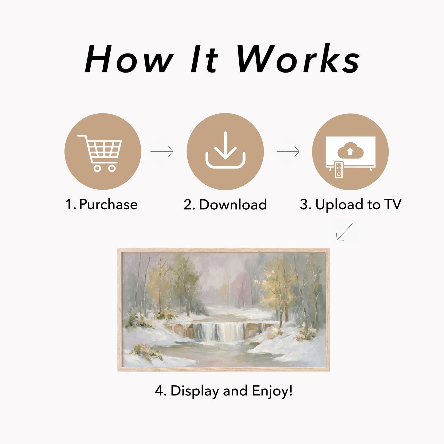 Snowy Waterfall Forest Frame TV Art displayed on a TV