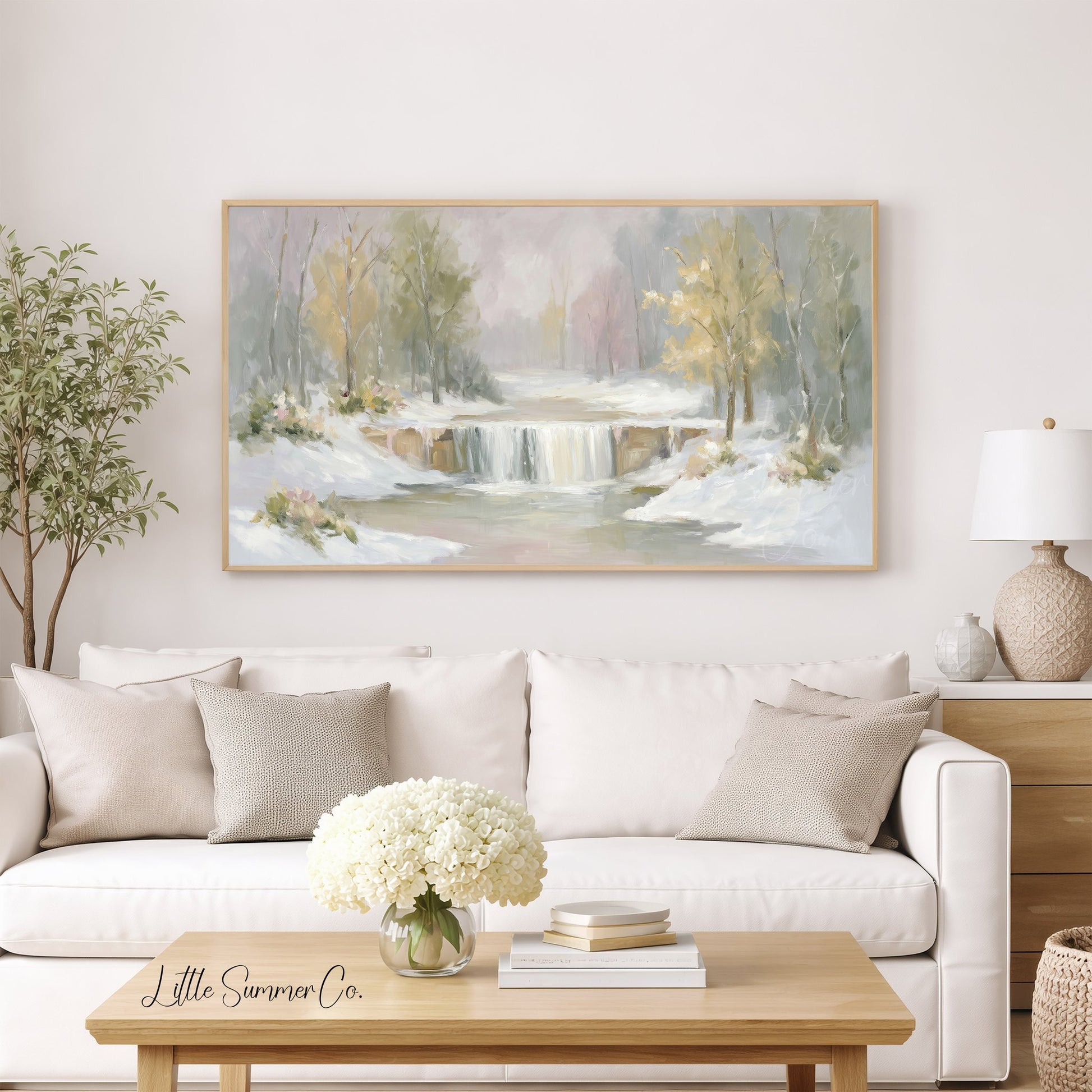 Snowy Waterfall Forest Frame TV Art displayed on a TV