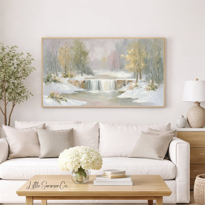 Snowy Waterfall Forest Frame TV Art displayed on a TV