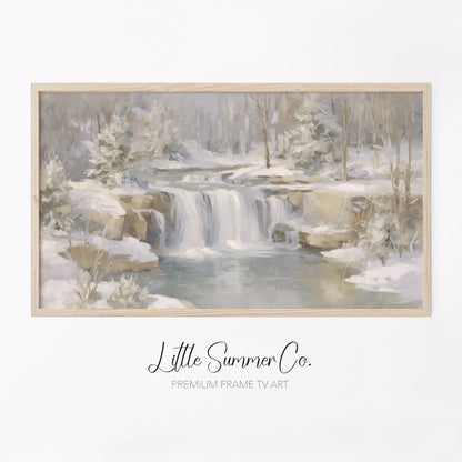 Snowy Forest Waterfall Frame TV Art displayed on a TV