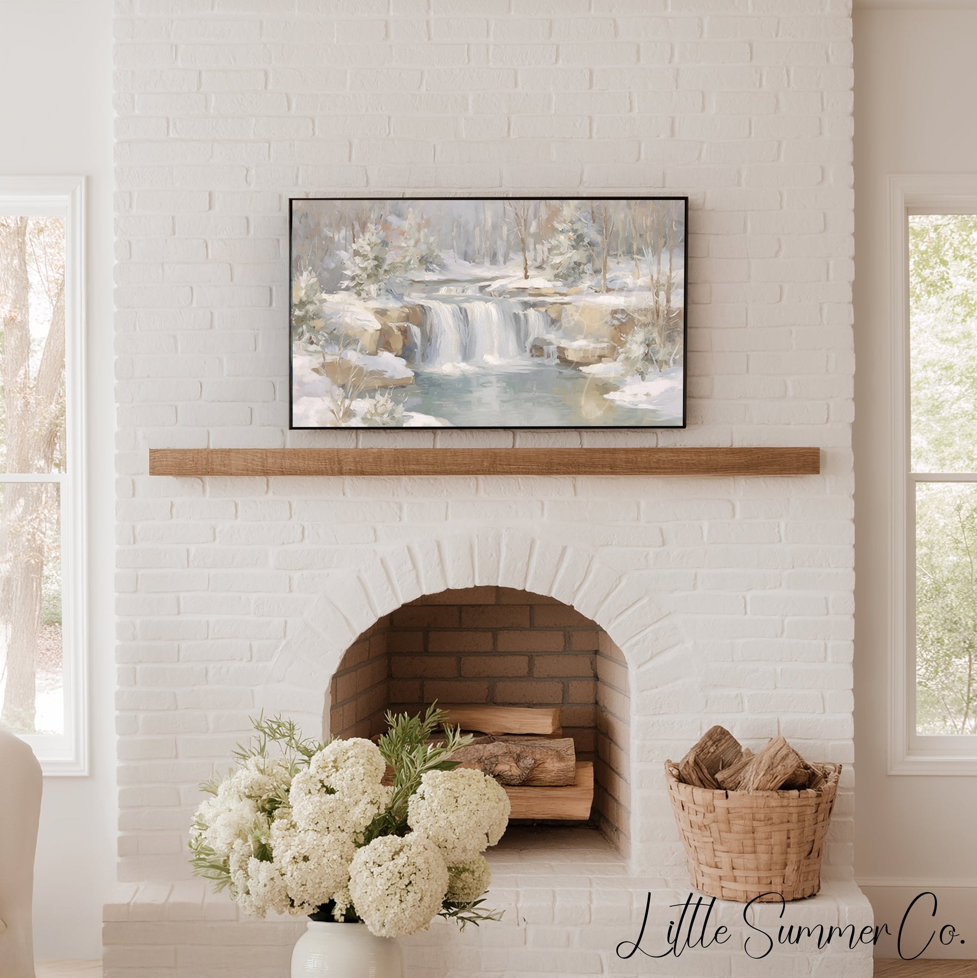Snowy Forest Waterfall Frame TV Art displayed on a TV