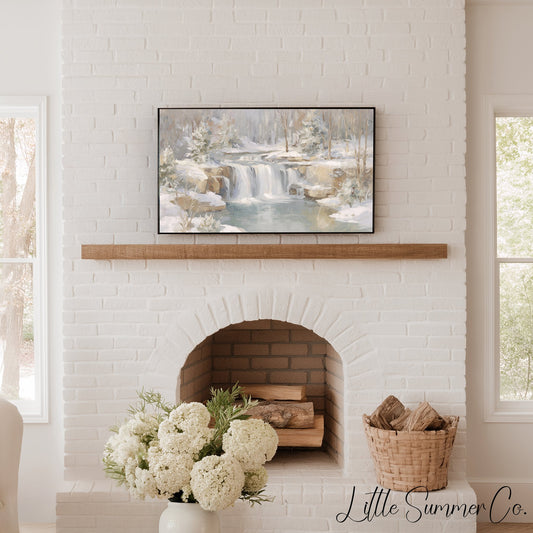 Snowy Forest Waterfall Frame TV Art displayed on a TV