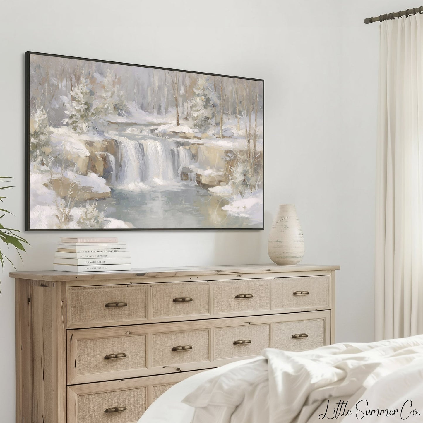 Snowy Forest Waterfall Frame TV Art displayed on a TV