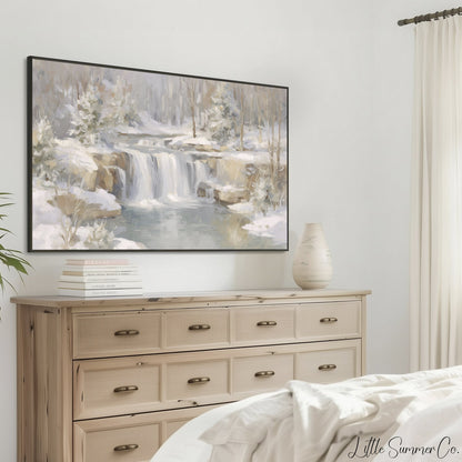 Snowy Forest Waterfall Frame TV Art displayed on a TV