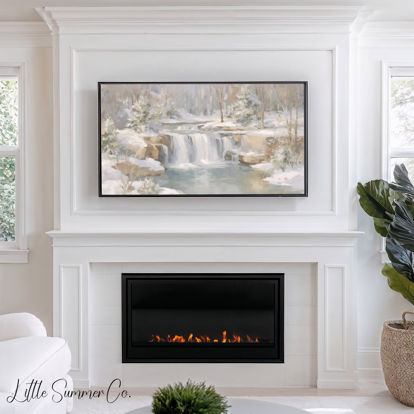 Snowy Forest Waterfall Frame TV Art displayed on a TV
