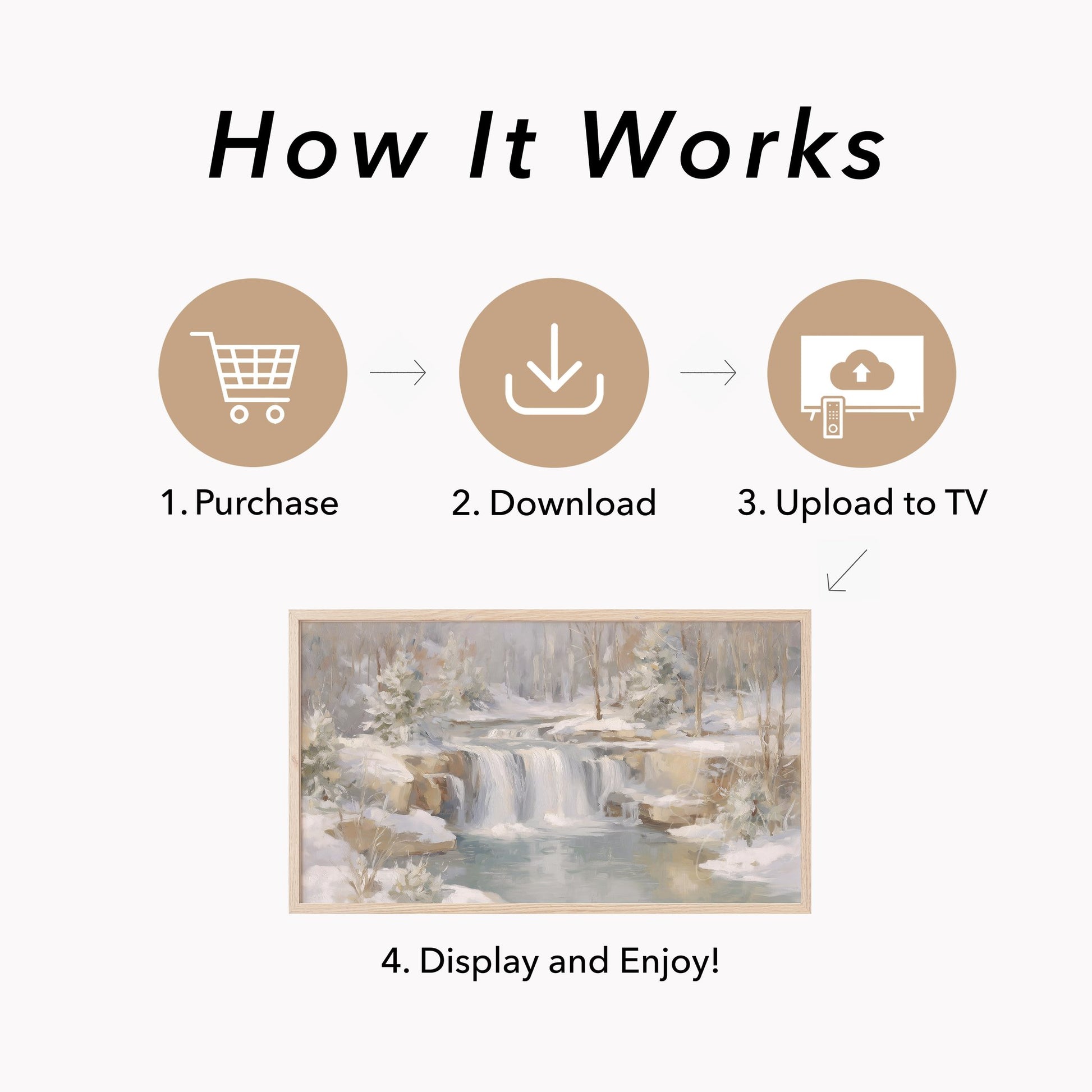 Snowy Forest Waterfall Frame TV Art displayed on a TV