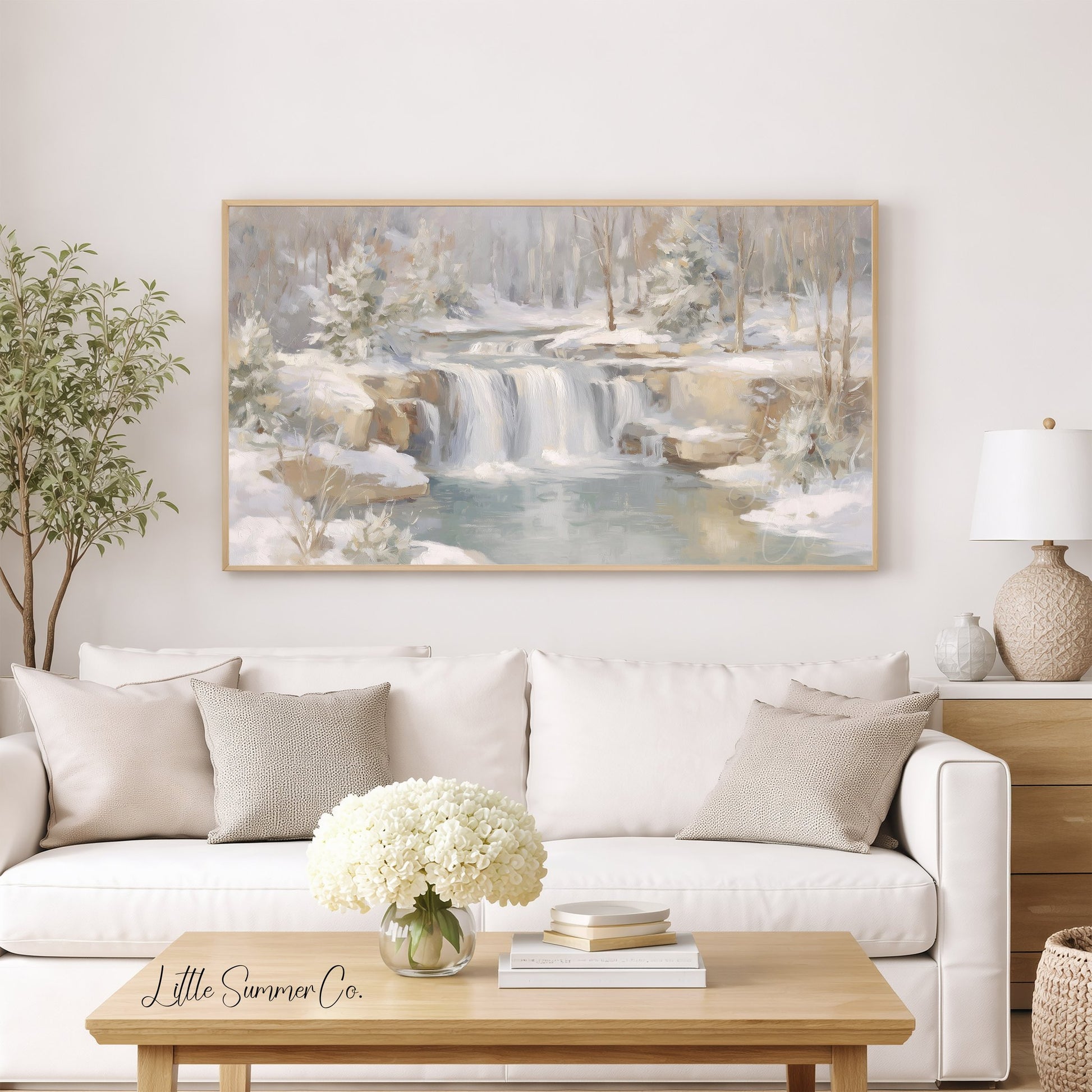 Snowy Forest Waterfall Frame TV Art displayed on a TV
