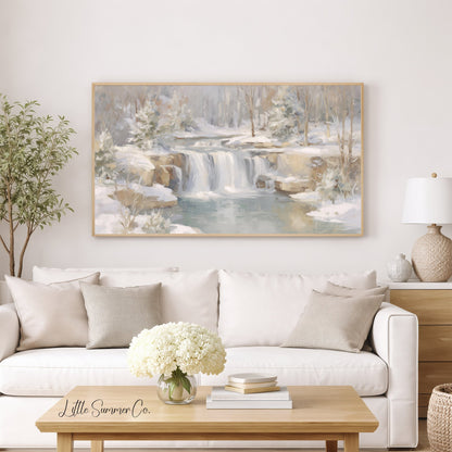 Snowy Forest Waterfall Frame TV Art displayed on a TV
