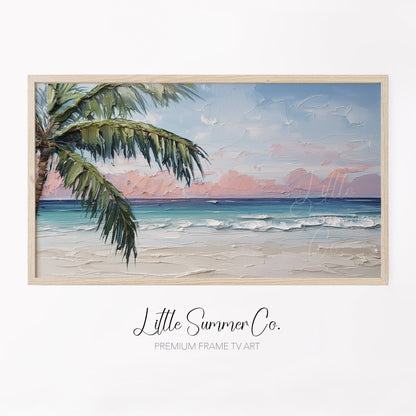Tropical Beach with Palm Tree Frame TV Art displayed on a TV