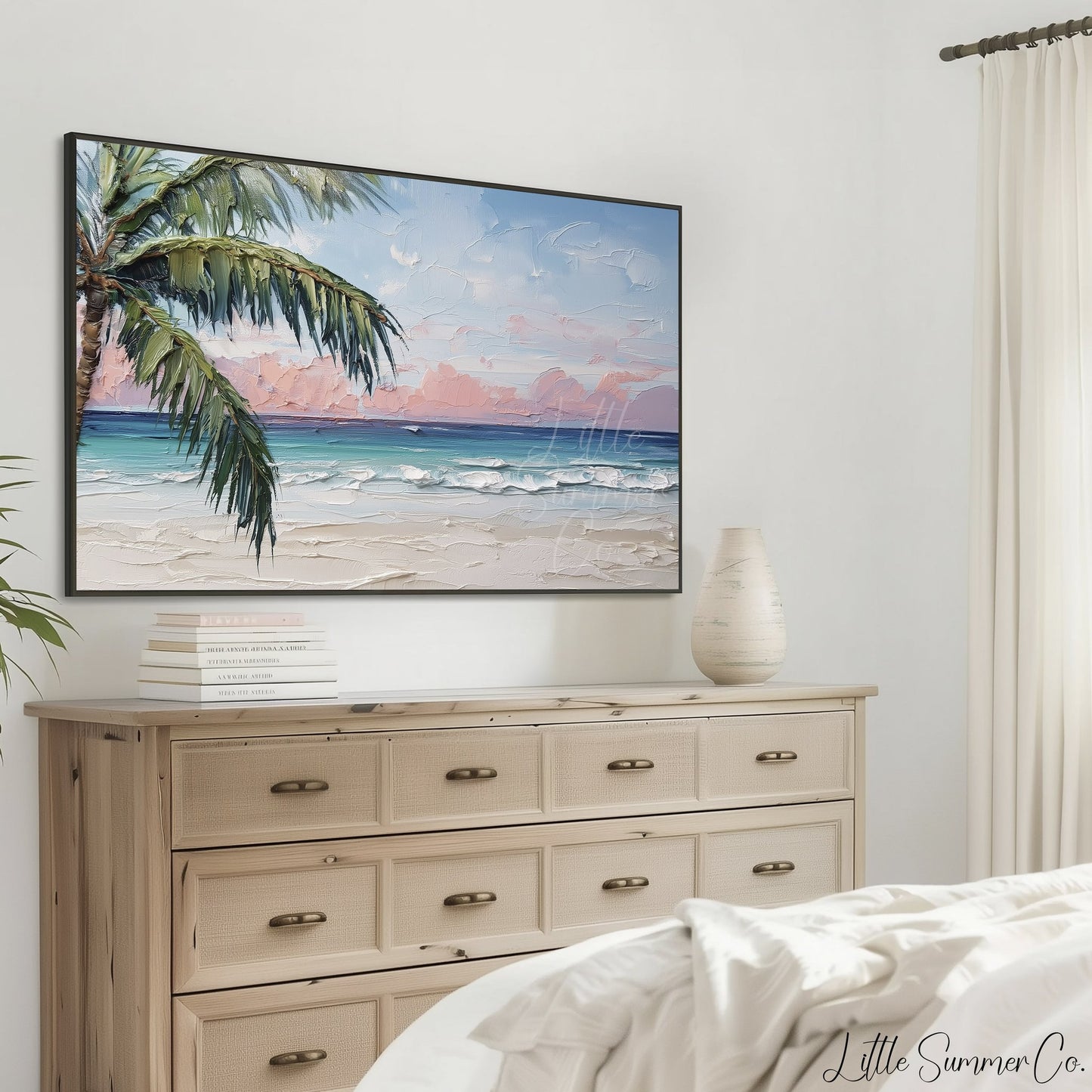 Tropical Beach with Palm Tree Frame TV Art displayed on a TV