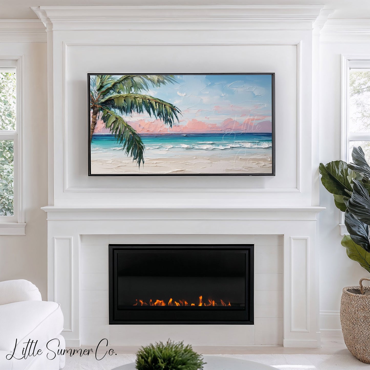 Tropical Beach with Palm Tree Frame TV Art displayed on a TV