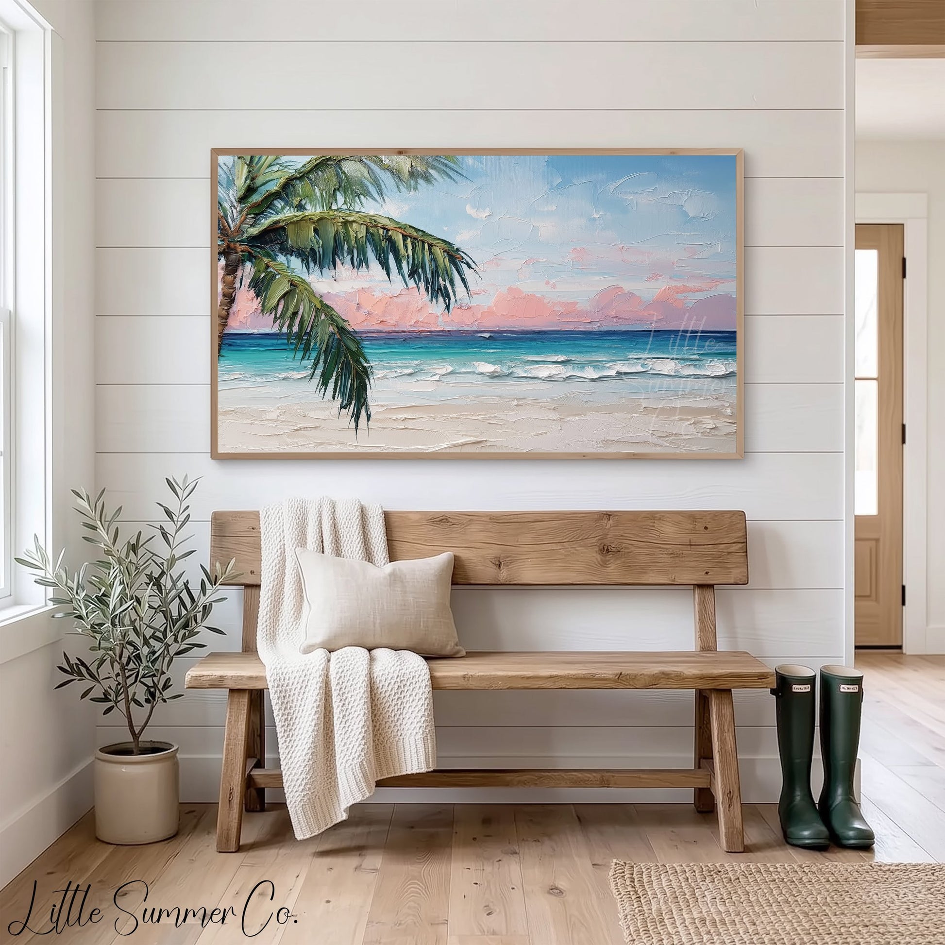 Tropical Beach with Palm Tree Frame TV Art displayed on a TV