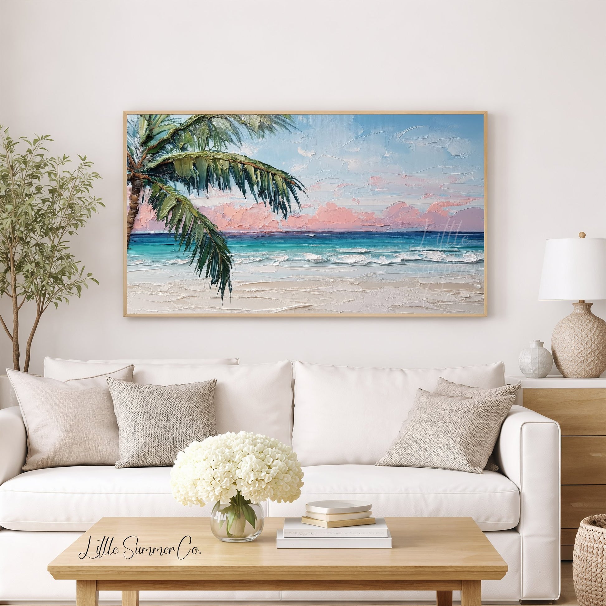 Tropical Beach with Palm Tree Frame TV Art displayed on a TV